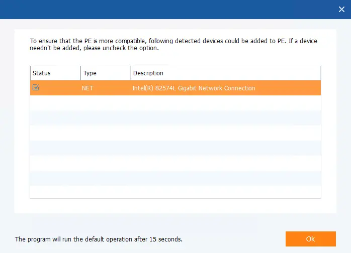 AOMEI backupper detected device PE