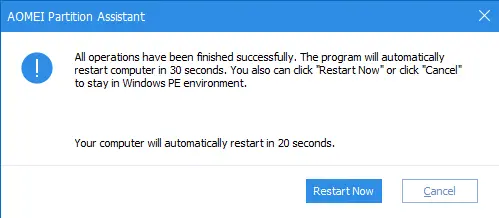 AOMEI partition assistant restart now