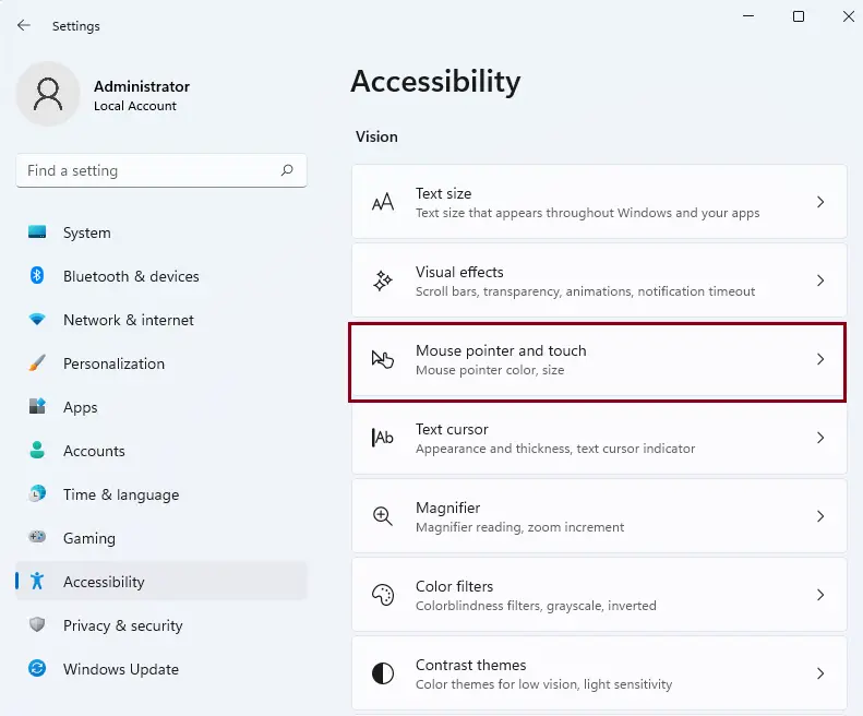 Accessibility mouse pointer and touch