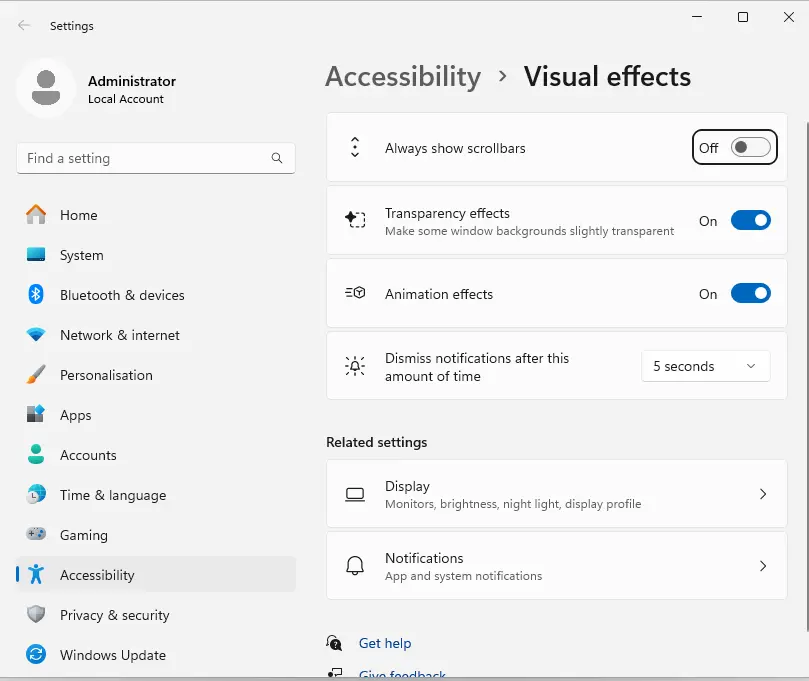 Accessibility visual effects in Windows