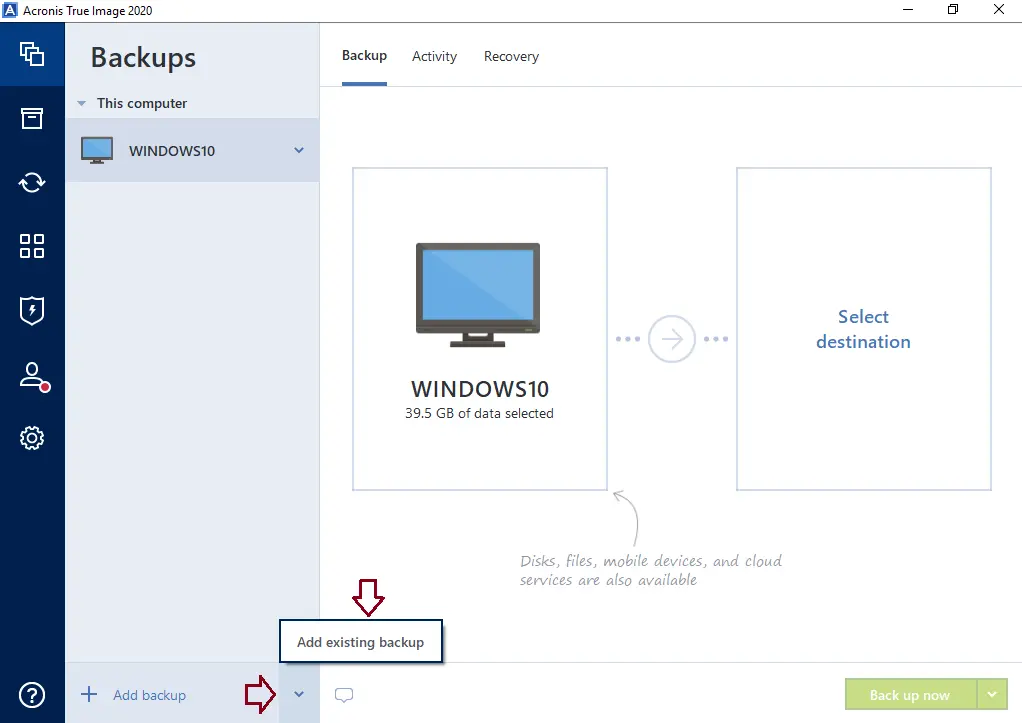 Acronis add existing backup