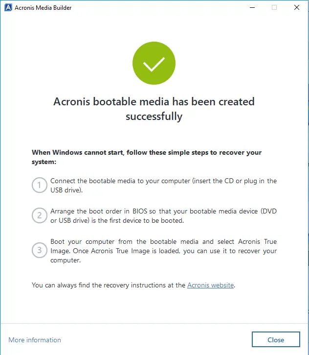 Acronis bootable media created successfully