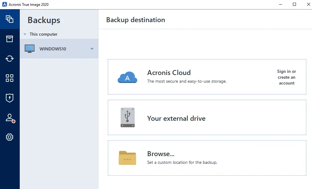 Acronis full backup destination