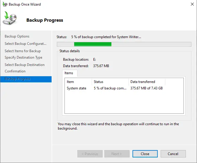 Active directory backup progress