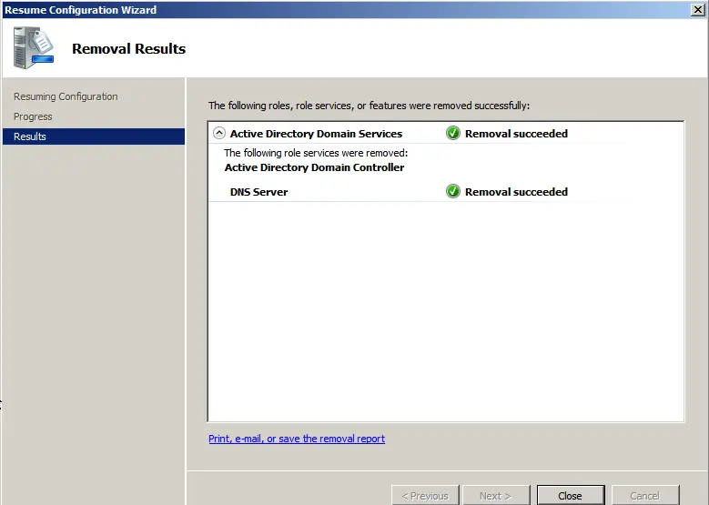 Active directory domain services removal succeeded