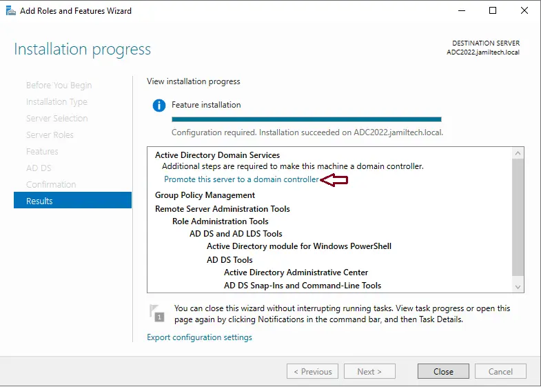 Active directory installation progress results