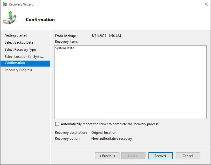 Active directory recover wizard confirmation