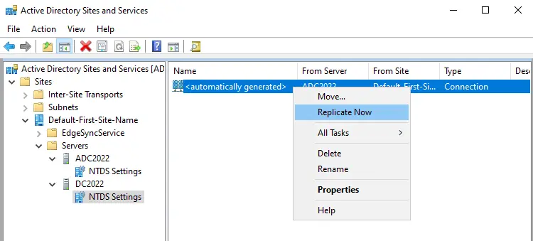 Active directory replication setup Replicate now