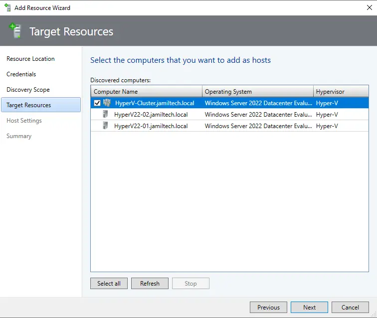 Add Hyper-V cluster target resources