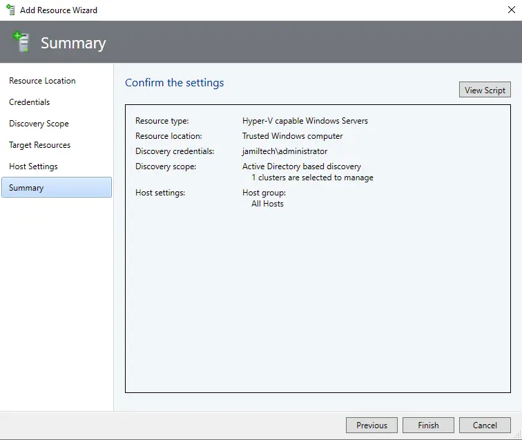 Add Hyper-V cluster to SCVMM summary