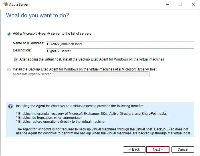 Add Hyper-V server Veritas
