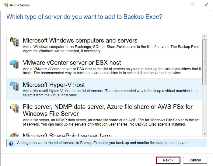 Add Microsoft Hyper-V host Backup Exec