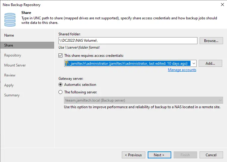 Add NAS backup repository Veeam