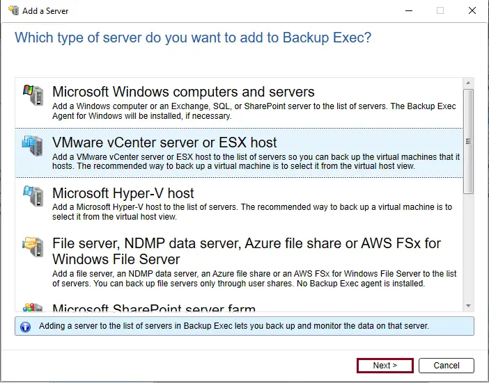 Add VMware ESXi Backup Exec