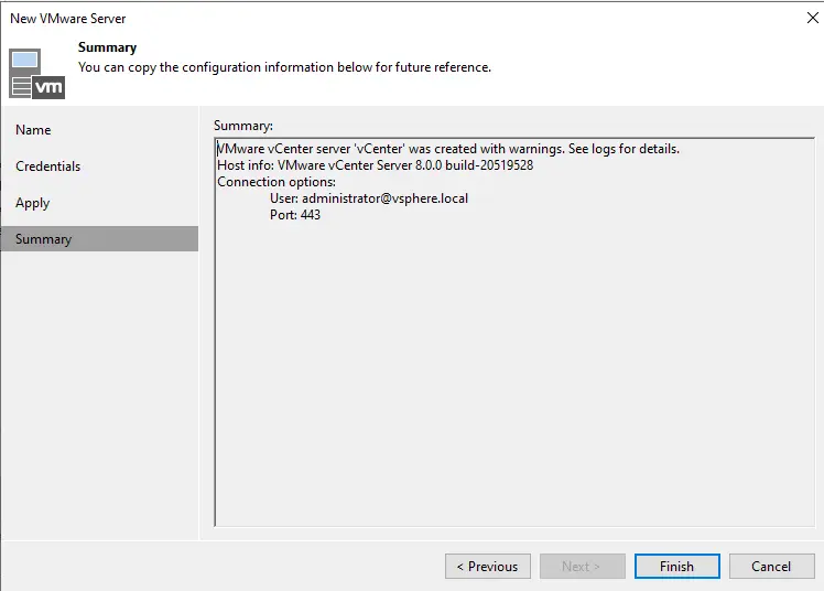 Add VMware vCenter server Veeam summary