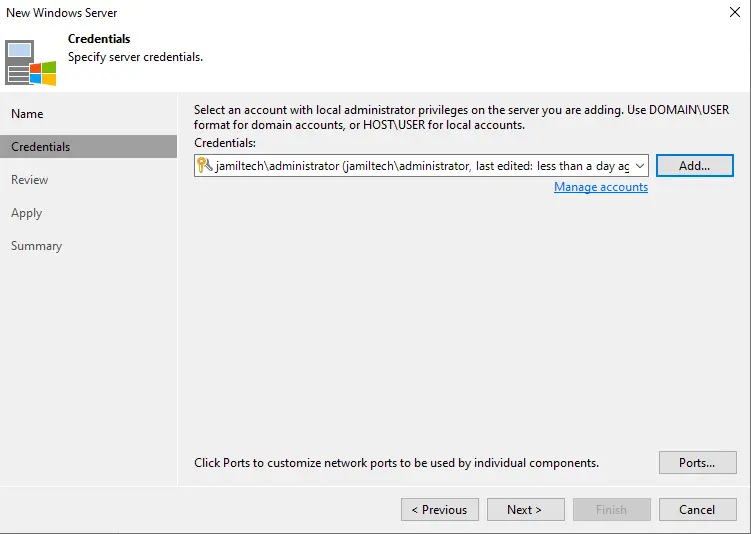 Add Windows server credentials Veeam