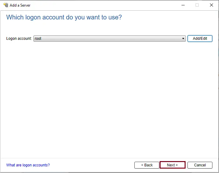 Add a server logon account Veritas