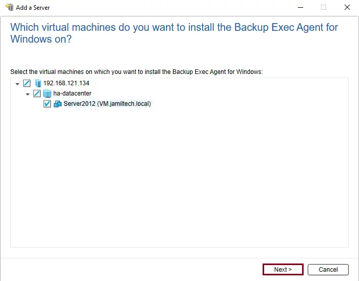 Add a server virtual machine selection