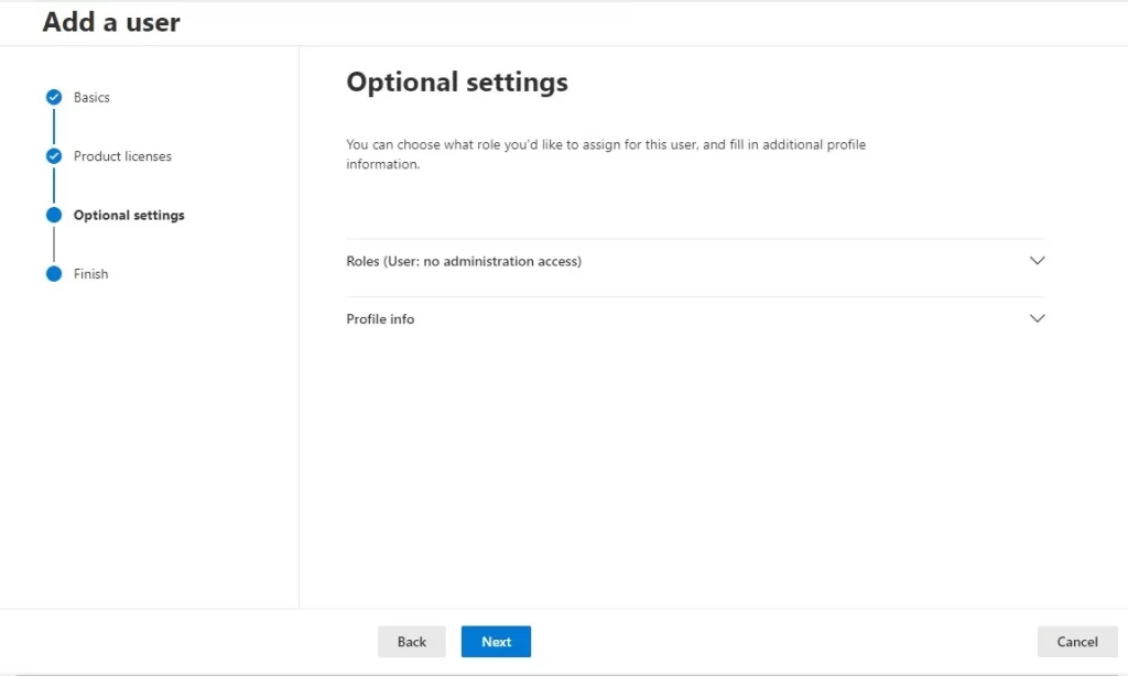 Add a user office 365 optional settings