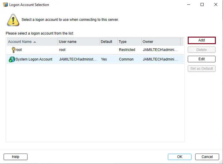 Add account selection Backup Exec