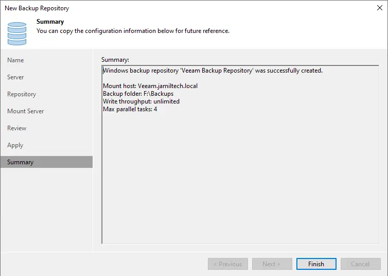 Add backup repository in Veeam summary