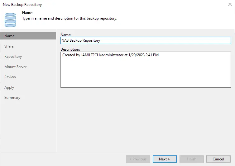 Add backup repository name Veeam