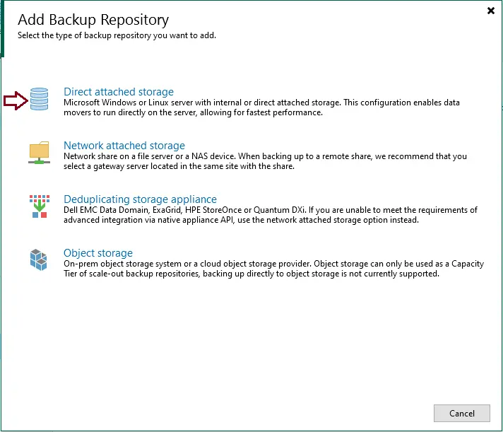 Add backup repository wizard Veeam