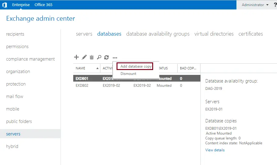 Add database copy exchange 2019