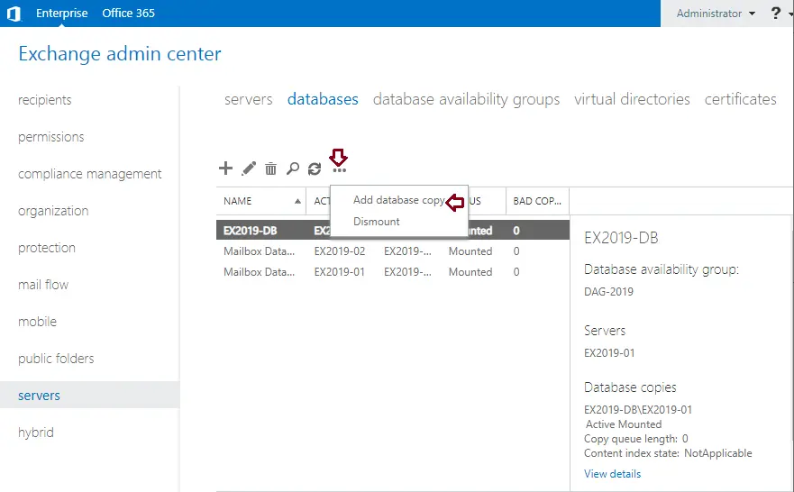 Add database copy in exchange