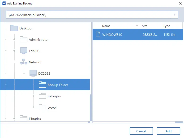 Add existing backup Acronis