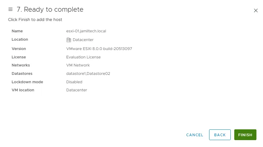 Add host to vCenter ready to complete