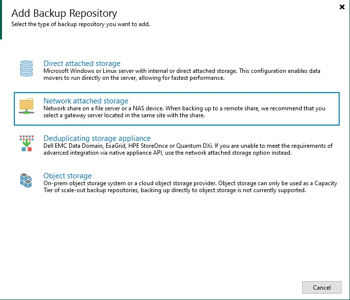 Add network attached storage Veeam