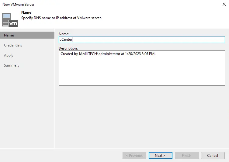 Add new VMware server name Veeam