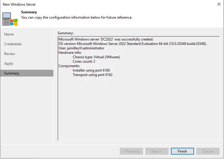 Add new Windows server Veeam summary