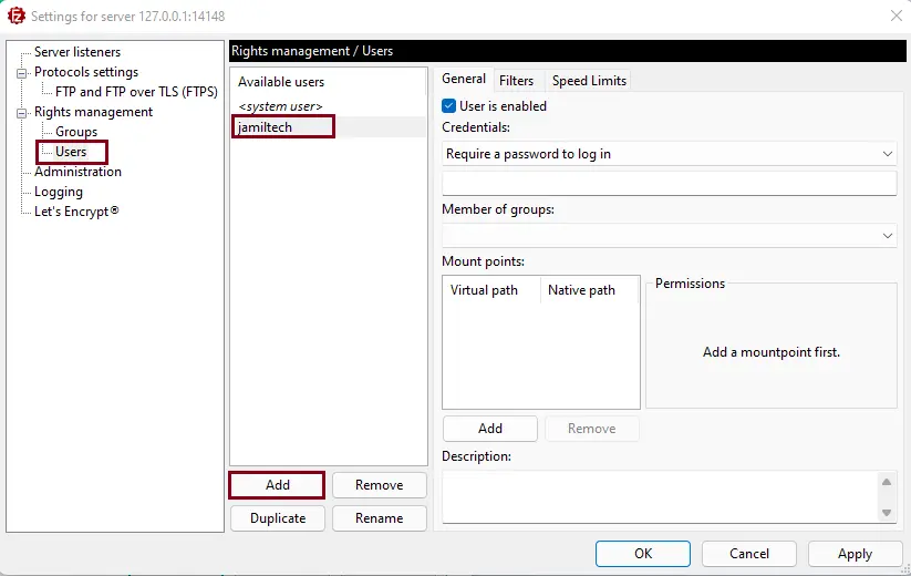 Add new user FileZilla Server