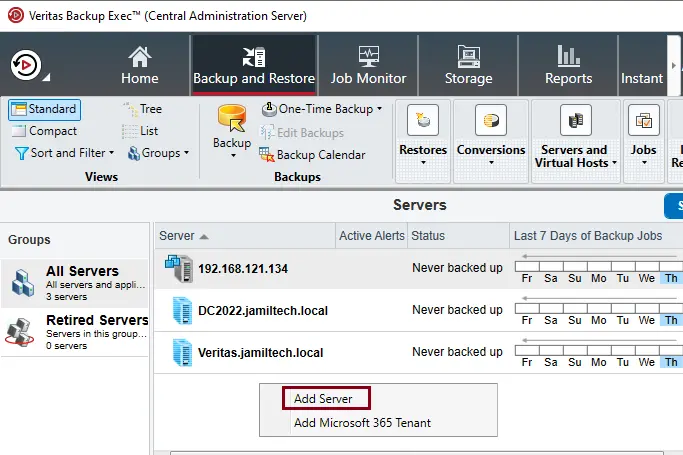 Add server Backup Exec