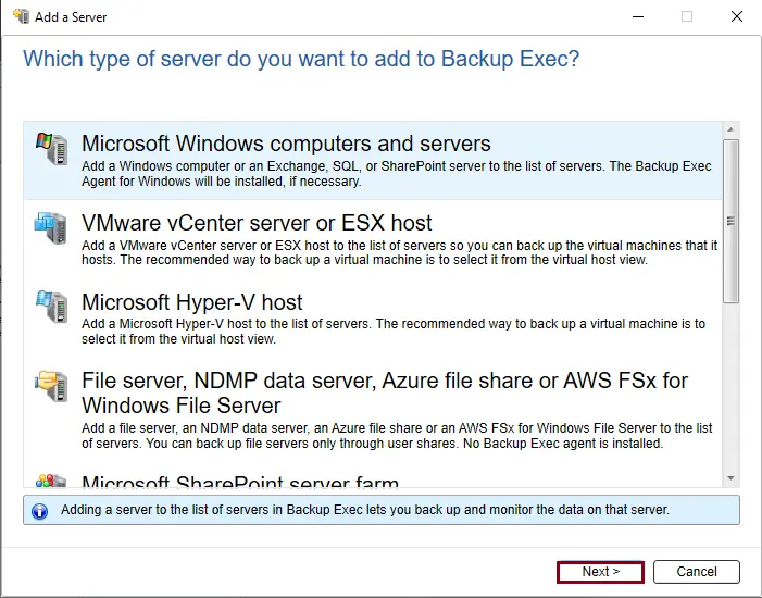 Add server to Backup Exec