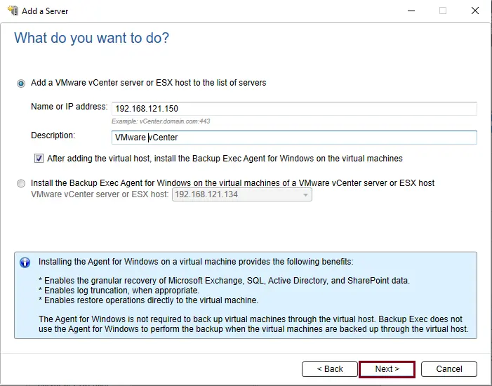 Add vCenter server Backup Exec