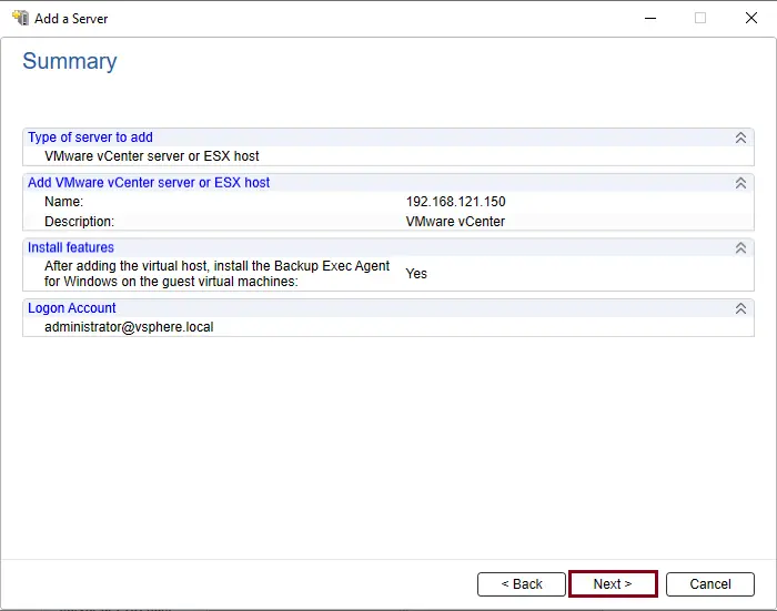 Add vCenter server Backup Exec summary