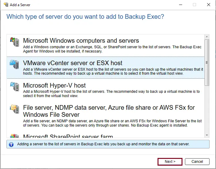 Add vCenter Servers Backup Exec