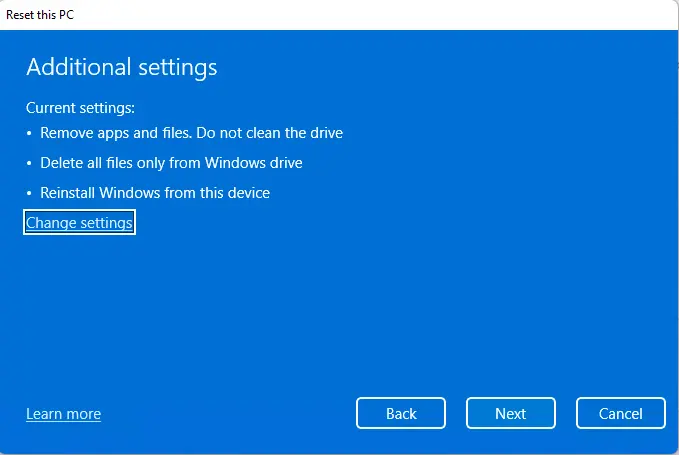 Additional settings reset this PC