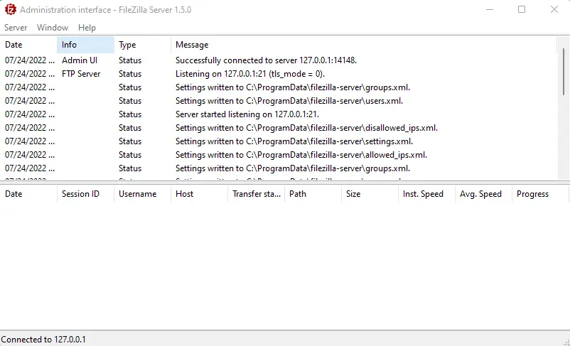 Administration interface FileZilla server