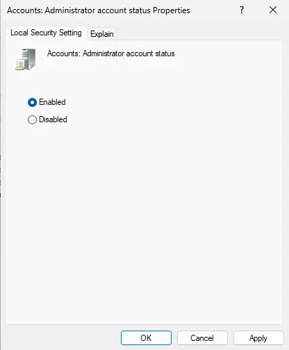 Administrator account status properties