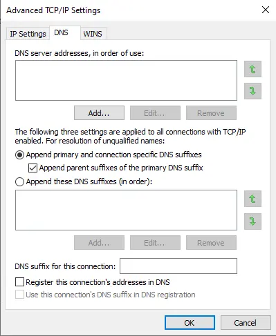 Advanced TCP/TP settings DNS