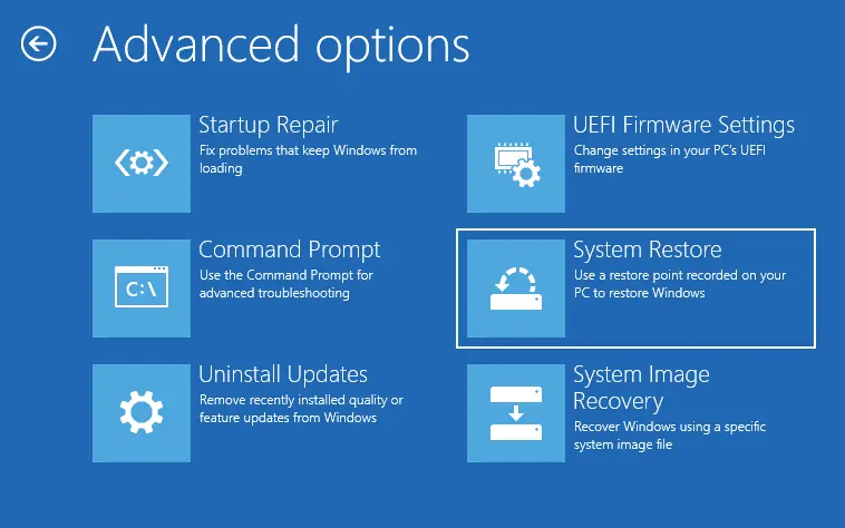 Advanced options system restore