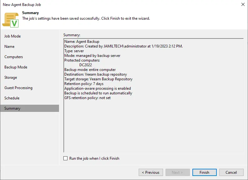 Agent backup job Veeam summary