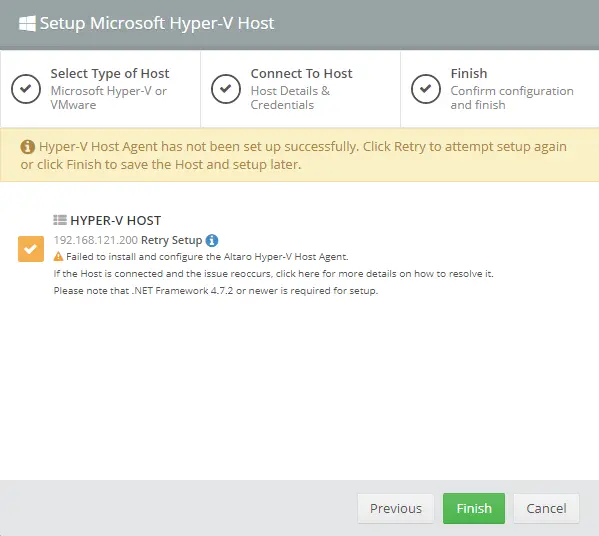Altaro hyper-v host agent failed