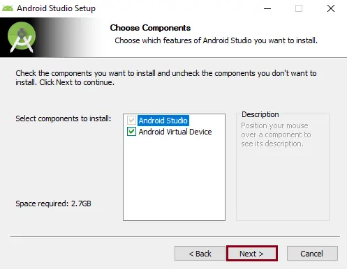 Android Studio choose components 