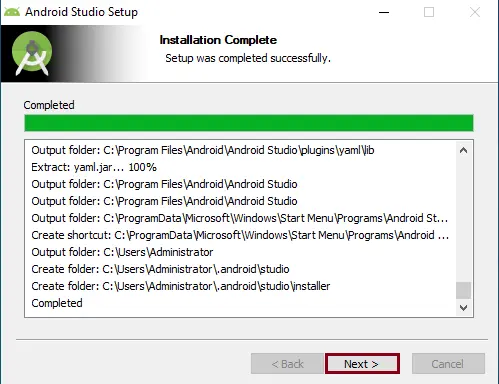 Android Studio installation complete