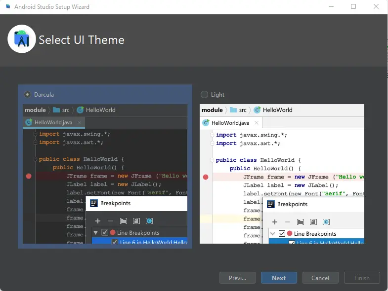 Android Studio setup UI theme